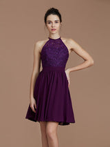 A-Line Charming Halter Sleeveless Lace Short/Mini Chiffon Bridesmaid Dresses