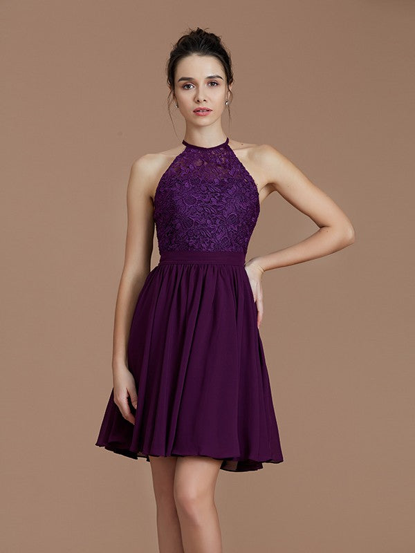 A-Line Charming Halter Sleeveless Lace Short/Mini Chiffon Bridesmaid Dresses