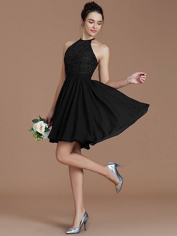 A-Line Charming Halter Sleeveless Lace Short/Mini Chiffon Bridesmaid Dresses