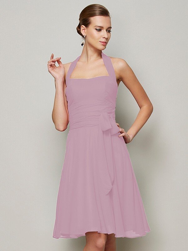 A-Line Charming Halter Sleeveless Pleats Bowknot Short Chiffon Bridesmaid Dresses