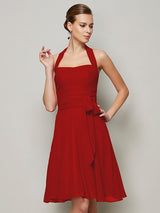 A-Line Charming Halter Sleeveless Pleats Bowknot Short Chiffon Bridesmaid Dresses