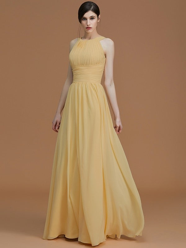 A-Line Charming Halter Sleeveless Ruched Chiffon Bridesmaid Dresses