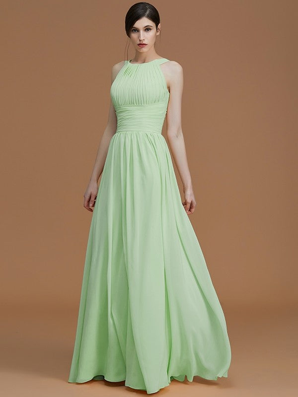 A-Line Charming Halter Sleeveless Ruched Chiffon Bridesmaid Dresses