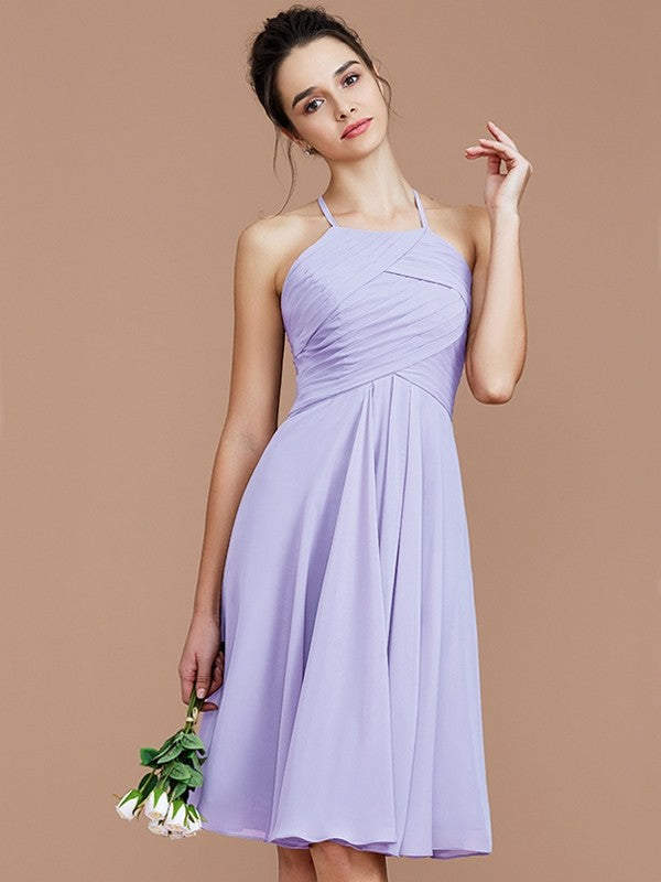 Charming Halter Sleeveless Ruched Short/Mini Chiffon Bridesmaid Dresses-Ballbella
