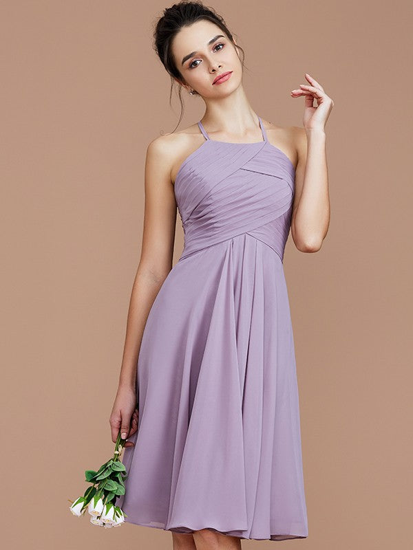 Charming Halter Sleeveless Ruched Short/Mini Chiffon Bridesmaid Dresses-Ballbella