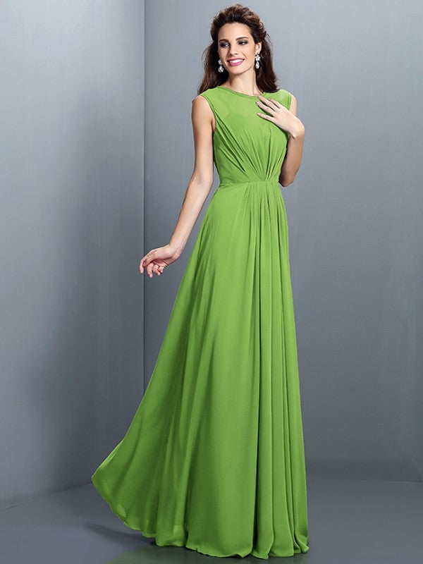 Charming High Neck Pleats Sleeveless Long Chiffon Bridesmaid Dresses-Ballbella