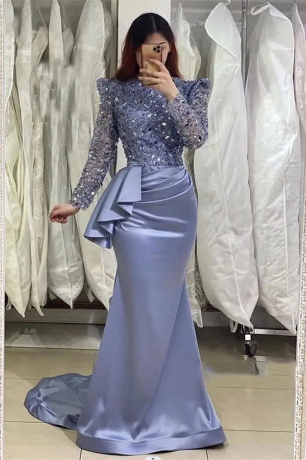 Charming Lavender Long Mermaid High Neck Beading Prom Dresses With Long Sleeves-Ballbella