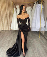 Charming Long Black Off-the-Shoulder Lace Mermaid Long Sleeves Prom Dresses Long Slit Online-Ballbella