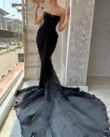 Charming Long Black Strapless Front Split Long Prom Dresses-Ballbella