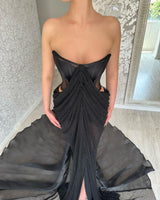 Charming Long Black Strapless Front Split Long Prom Dresses-Ballbella