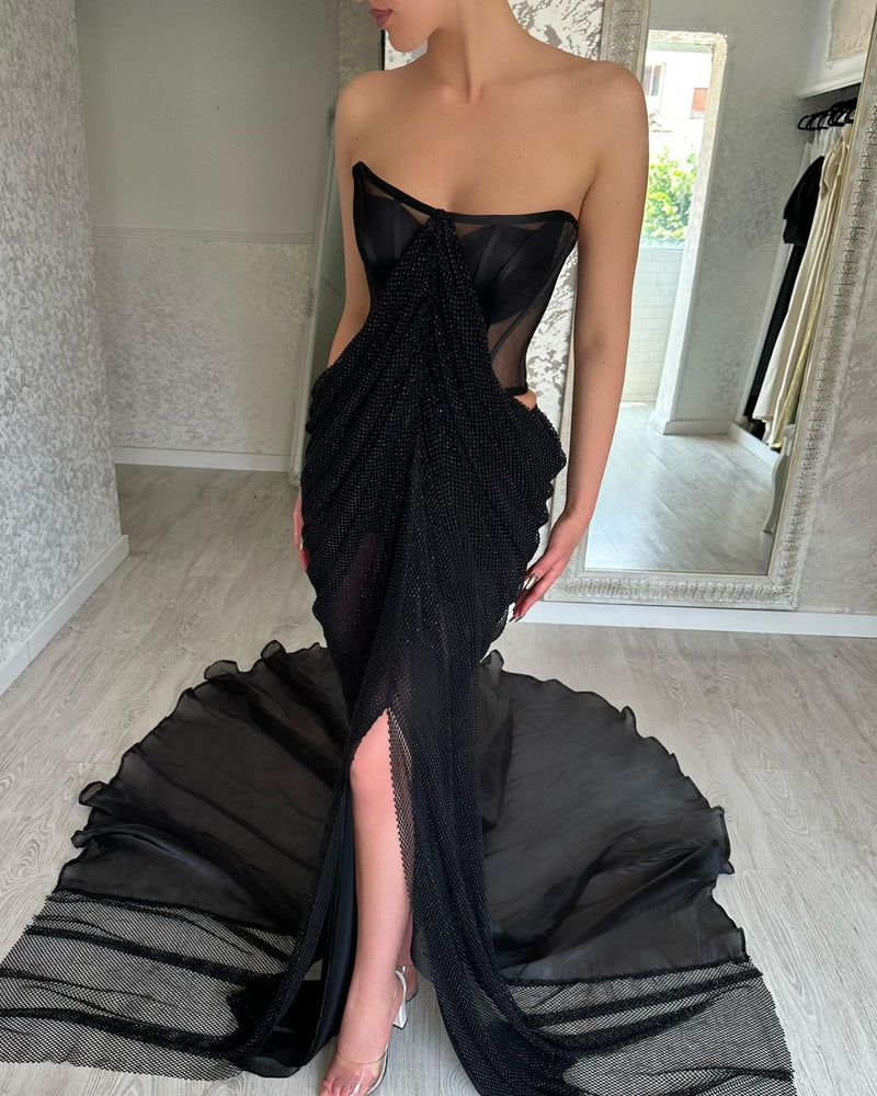 Charming Long Black Strapless Front Split Long Prom Dresses-Ballbella