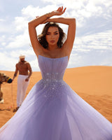 Charming Long Lilac Sleeveless Crystals Tulle Prom Dresses-Ballbella