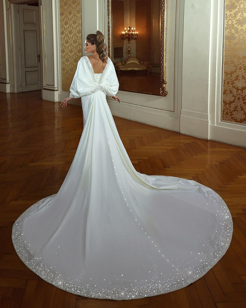 Charming Long Mermaid Sweetheart Long Sleeves Beading Wedding Dress With Train-Ballbella