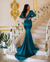 Charming Long Mermaid V-neck Beading Prom Dresses With Long Sleeves-Ballbella