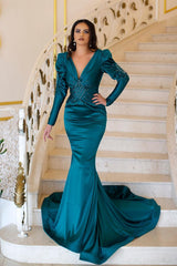 Charming Long Mermaid V-neck Beading Prom Dresses With Long Sleeves-Ballbella