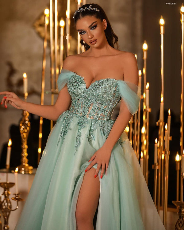 Charming Long Off-the-Shoulder Lace Beading Prom Dresses Long Slit Online-Ballbella