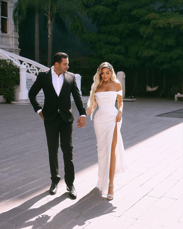 Charming Long Off-the-Shoulder Wedding Dress Slit Online-Ballbella