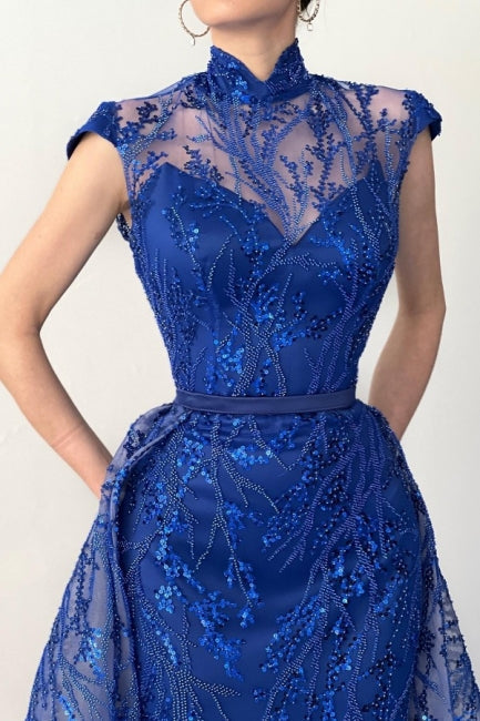 Charming Long Royal Blue High Neck Lace Sleeveless Prom Dresses With Detachable Train-Ballbella