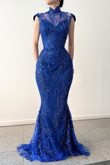 Charming Long Royal Blue High Neck Lace Sleeveless Prom Dresses With Detachable Train-Ballbella