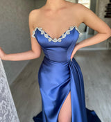 Charming Long Royal Blue Sleeveless Prom Dresses Long Slit Online-Ballbella