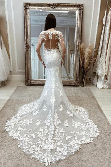 Charming Long White Mermaid Lace Wedding Dresses with Long Sleeves