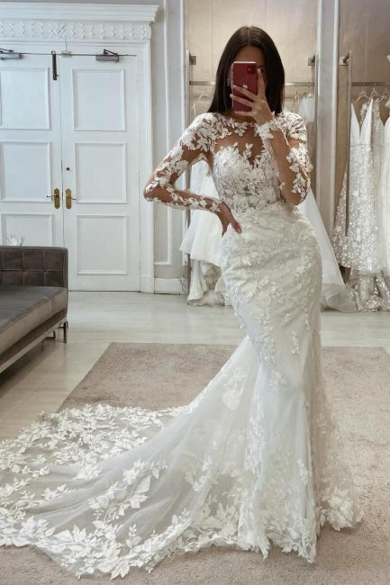 Charming Long White Mermaid Lace Wedding Dresses with Long Sleeves