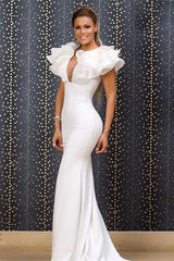 Charming Long White Mermaid V-neck Sleeveless Prom Dresses With Ruffles Long-Ballbella