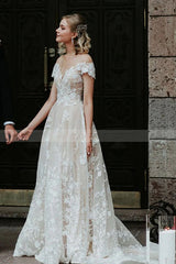 Charming Off the ShoulderFloral Lace Bridal Gown Princess White Aline Wedding Dress-Ballbella