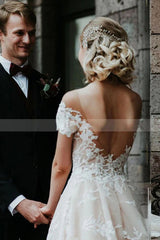 Charming Off the ShoulderFloral Lace Bridal Gown Princess White Aline Wedding Dress-Ballbella