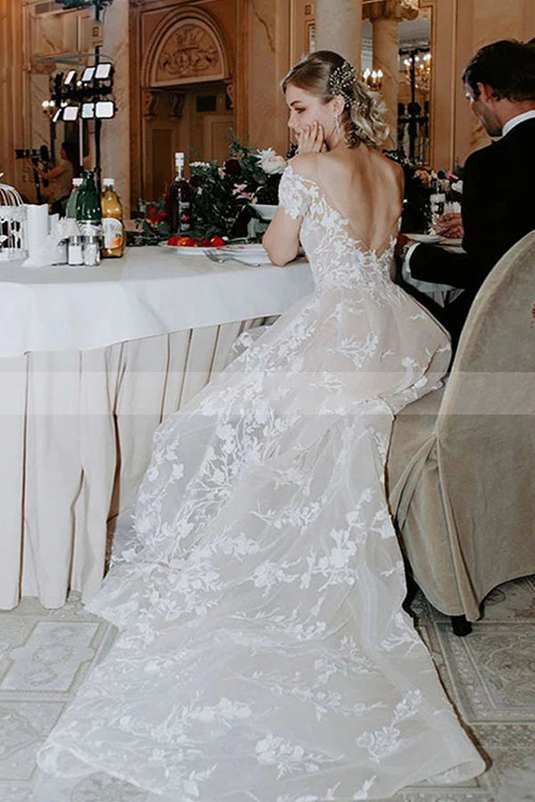 Charming Off the ShoulderFloral Lace Bridal Gown Princess White Aline Wedding Dress-Ballbella