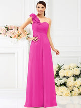 A-Line Charming One Shoulder Hand-Made Flower Sleeveless Long Chiffon Bridesmaid Dresses