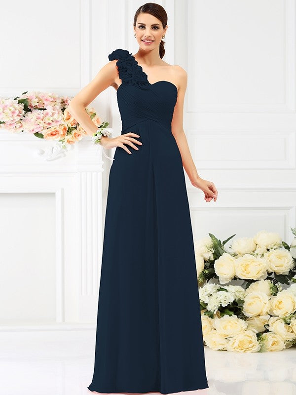 A-Line Charming One Shoulder Hand-Made Flower Sleeveless Long Chiffon Bridesmaid Dresses