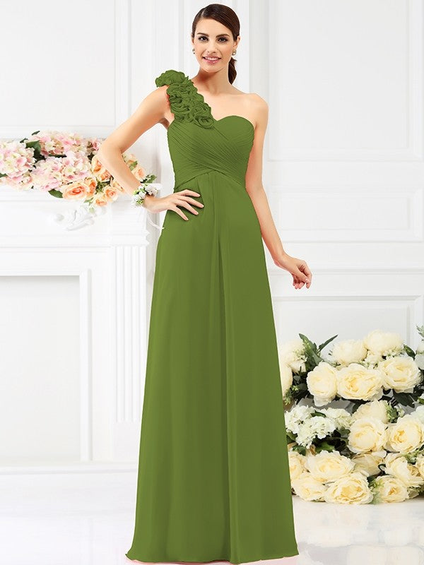 A-Line Charming One Shoulder Hand-Made Flower Sleeveless Long Chiffon Bridesmaid Dresses