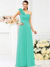 A-Line Charming One Shoulder Hand-Made Flower Sleeveless Long Chiffon Bridesmaid Dresses