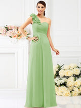 A-Line Charming One Shoulder Hand-Made Flower Sleeveless Long Chiffon Bridesmaid Dresses