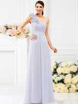 A-Line Charming One Shoulder Hand-Made Flower Sleeveless Long Chiffon Bridesmaid Dresses