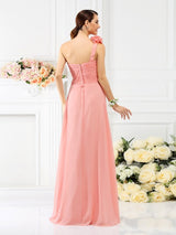 A-Line Charming One Shoulder Hand-Made Flower Sleeveless Long Chiffon Bridesmaid Dresses