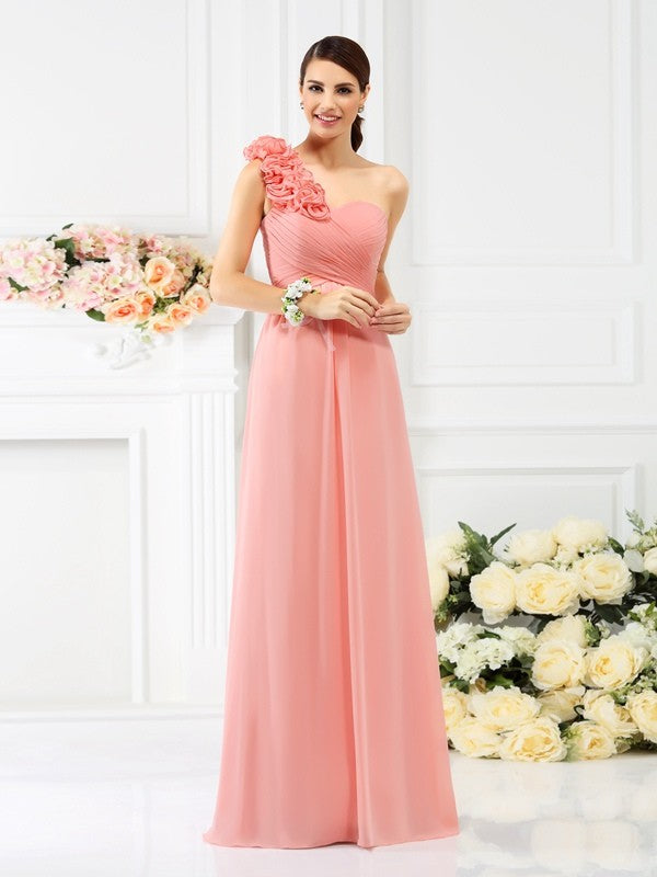 Charming One Shoulder Hand-Made Flower Sleeveless Long Chiffon Bridesmaid Dresses