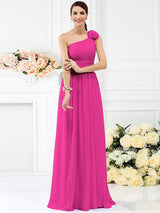 Charming One Shoulder Pleats Hand-Made Flower Sleeveless Long Chiffon Bridesmaid Dresses-Ballbella