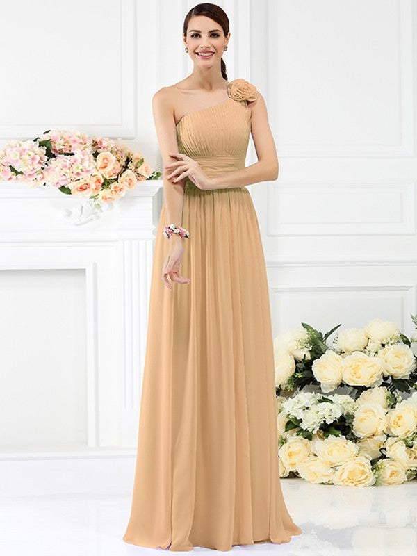 Charming One Shoulder Pleats Hand-Made Flower Sleeveless Long Chiffon Bridesmaid Dresses-Ballbella