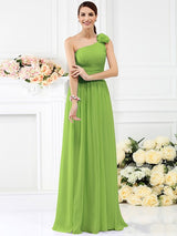 Charming One Shoulder Pleats Hand-Made Flower Sleeveless Long Chiffon Bridesmaid Dresses-Ballbella