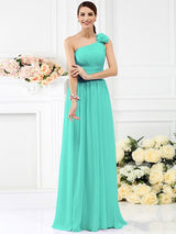 Charming One Shoulder Pleats Hand-Made Flower Sleeveless Long Chiffon Bridesmaid Dresses-Ballbella