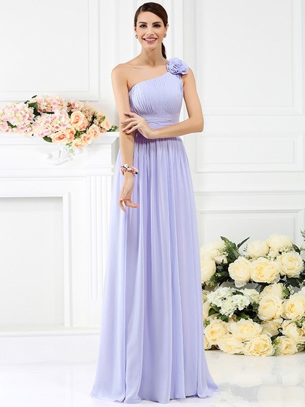 Charming One Shoulder Pleats Hand-Made Flower Sleeveless Long Chiffon Bridesmaid Dresses-Ballbella