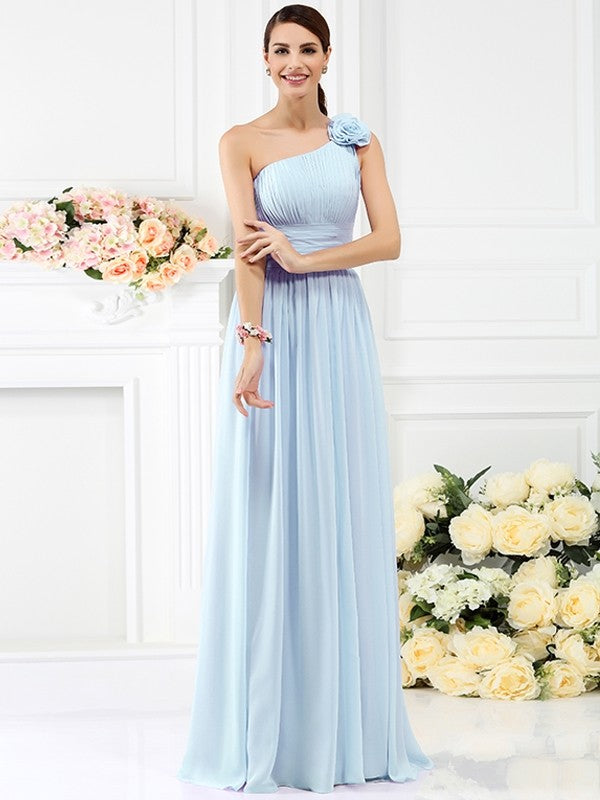 Charming One Shoulder Pleats Hand-Made Flower Sleeveless Long Chiffon Bridesmaid Dresses-Ballbella