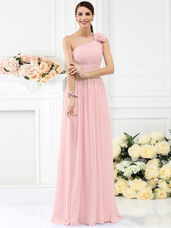 Charming One Shoulder Pleats Hand-Made Flower Sleeveless Long Chiffon Bridesmaid Dresses-Ballbella