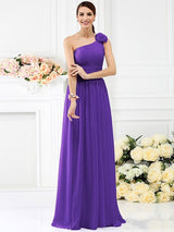 Charming One Shoulder Pleats Hand-Made Flower Sleeveless Long Chiffon Bridesmaid Dresses-Ballbella