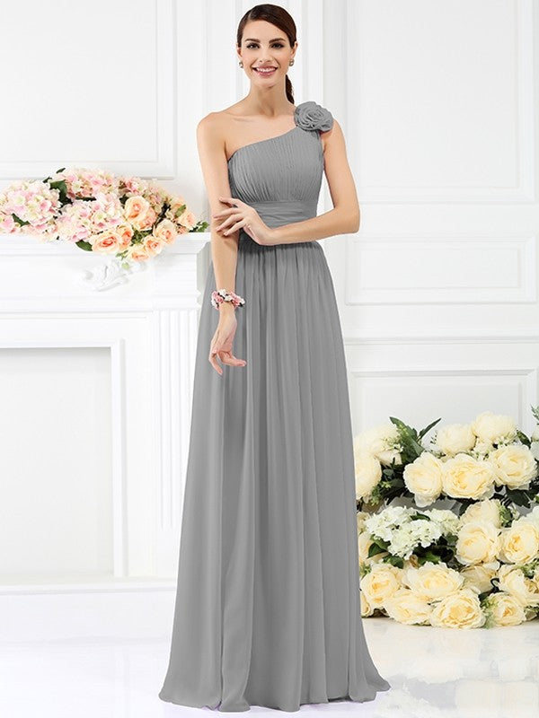 Charming One Shoulder Pleats Hand-Made Flower Sleeveless Long Chiffon Bridesmaid Dresses-Ballbella