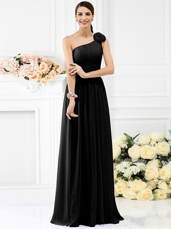 Charming One Shoulder Pleats Hand-Made Flower Sleeveless Long Chiffon Bridesmaid Dresses-Ballbella