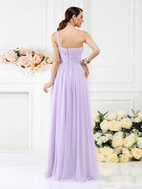 Charming One Shoulder Pleats Hand-Made Flower Sleeveless Long Chiffon Bridesmaid Dresses-Ballbella