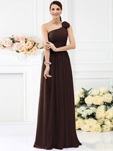 Charming One Shoulder Pleats Hand-Made Flower Sleeveless Long Chiffon Bridesmaid Dresses-Ballbella